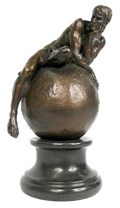 Man On Ball Bronze Sculpture On Marble Base - Click Image to Close